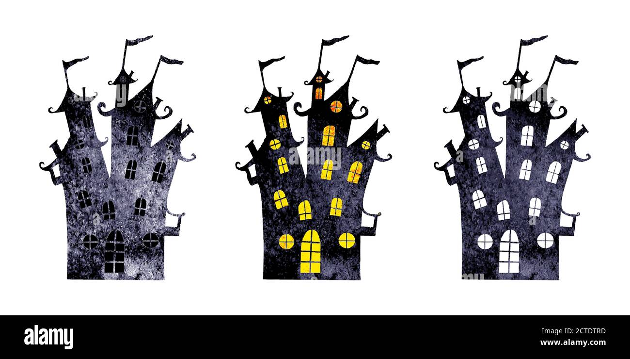 Halloween silhouette insieme di tre acquerelli blu scuro blu scuro nero terribile castelli isolati su sfondo bianco. Halloween notte foresta concetto desig Illustrazione Vettoriale