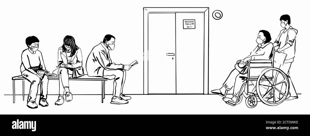 Schizzare i pazienti seduti in attesa di appuntamento presso la malattia ospedaliera persone che indossano maschere di protezione. Illustrazione vettoriale linea nera disegnata a mano Illustrazione Vettoriale