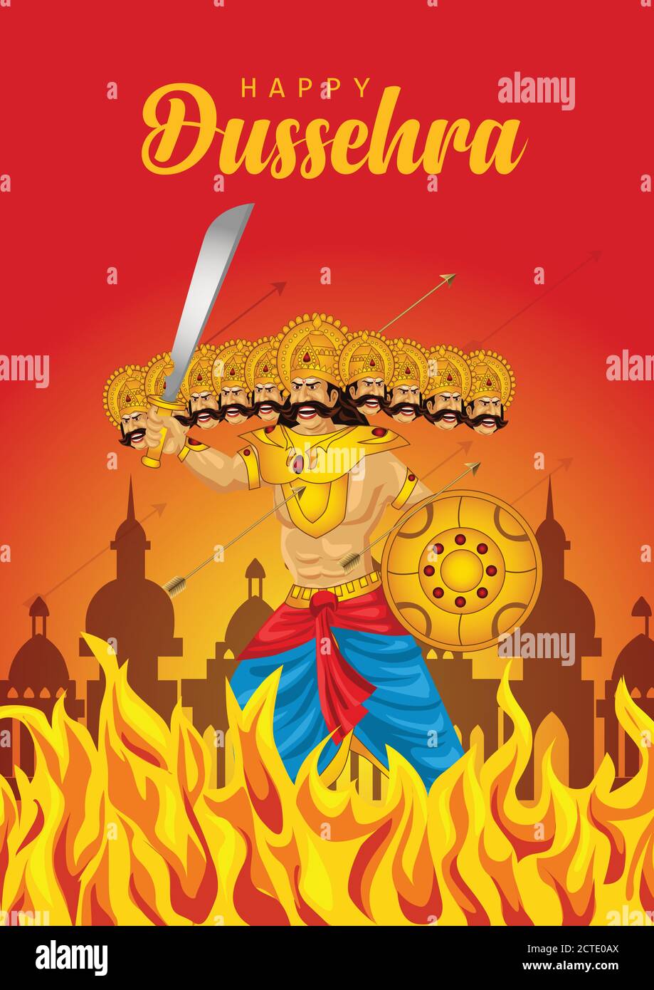 Happy Dussehra Navratri manifesto festival di India.vettore illustrazione di Ravana con arma. Illustrazione Vettoriale