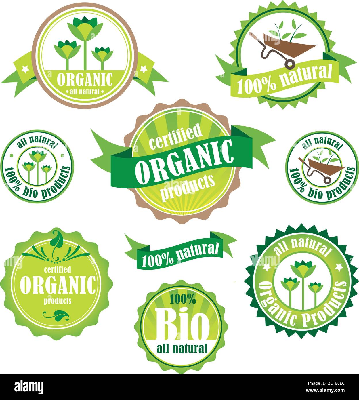 Set di otto loghi e distintivi biologici/biologici/naturali. Può essere utilizzato per le vostre esigenze aziendali, come etichettatura di alimenti, adesivi o banner di siti Web. Illustrazione Vettoriale