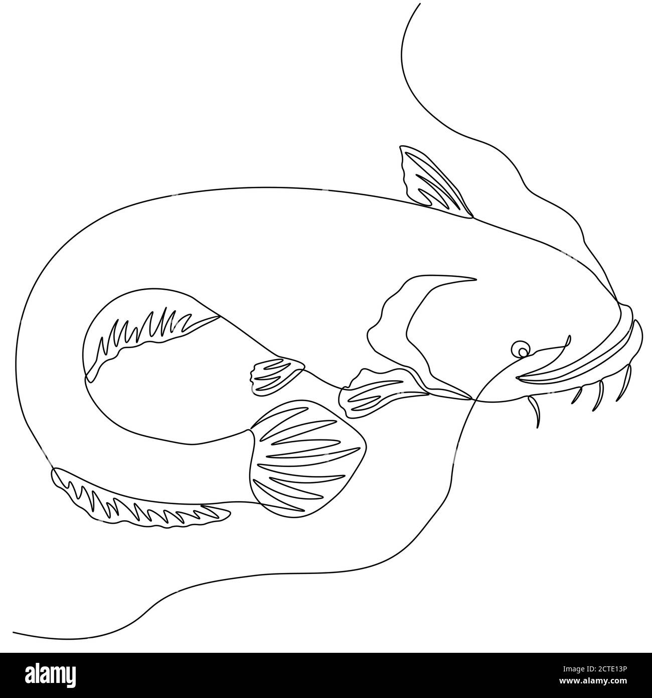 Pesce gatto. Silhouette a linea unica con design a base di pesce. Design del logo. Illustrazione vettoriale stile minimalismo disegnata a mano... Illustrazione Vettoriale