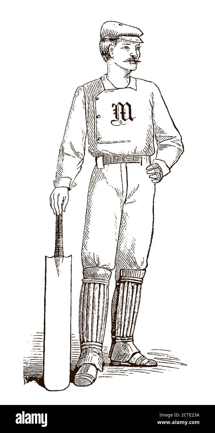 Pastella vintage a cricket in vista frontale poggiata su un pipistrello, dopo un'antica illustrazione del 19 ° secolo Illustrazione Vettoriale
