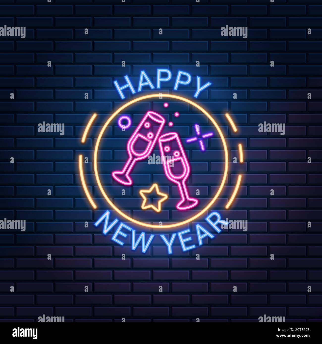 Cartello al neon Happy New Year su sfondo muro di mattoni scuri. Banner festivo invernale, illustrazione vettoriale Illustrazione Vettoriale