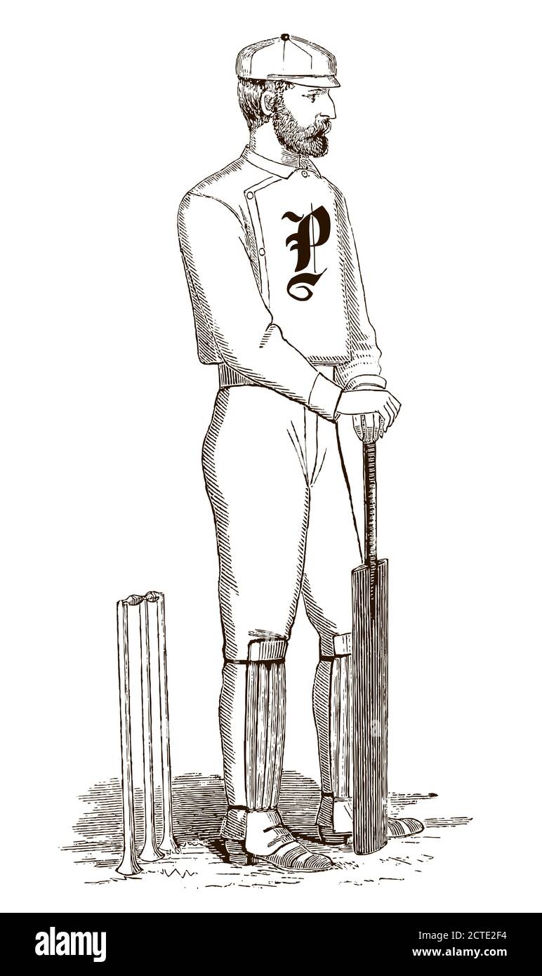 Giocatore vintage di cricket che riposa su un pipistrello di fronte al wicket, dopo un'antica illustrazione del 19 ° secolo Illustrazione Vettoriale