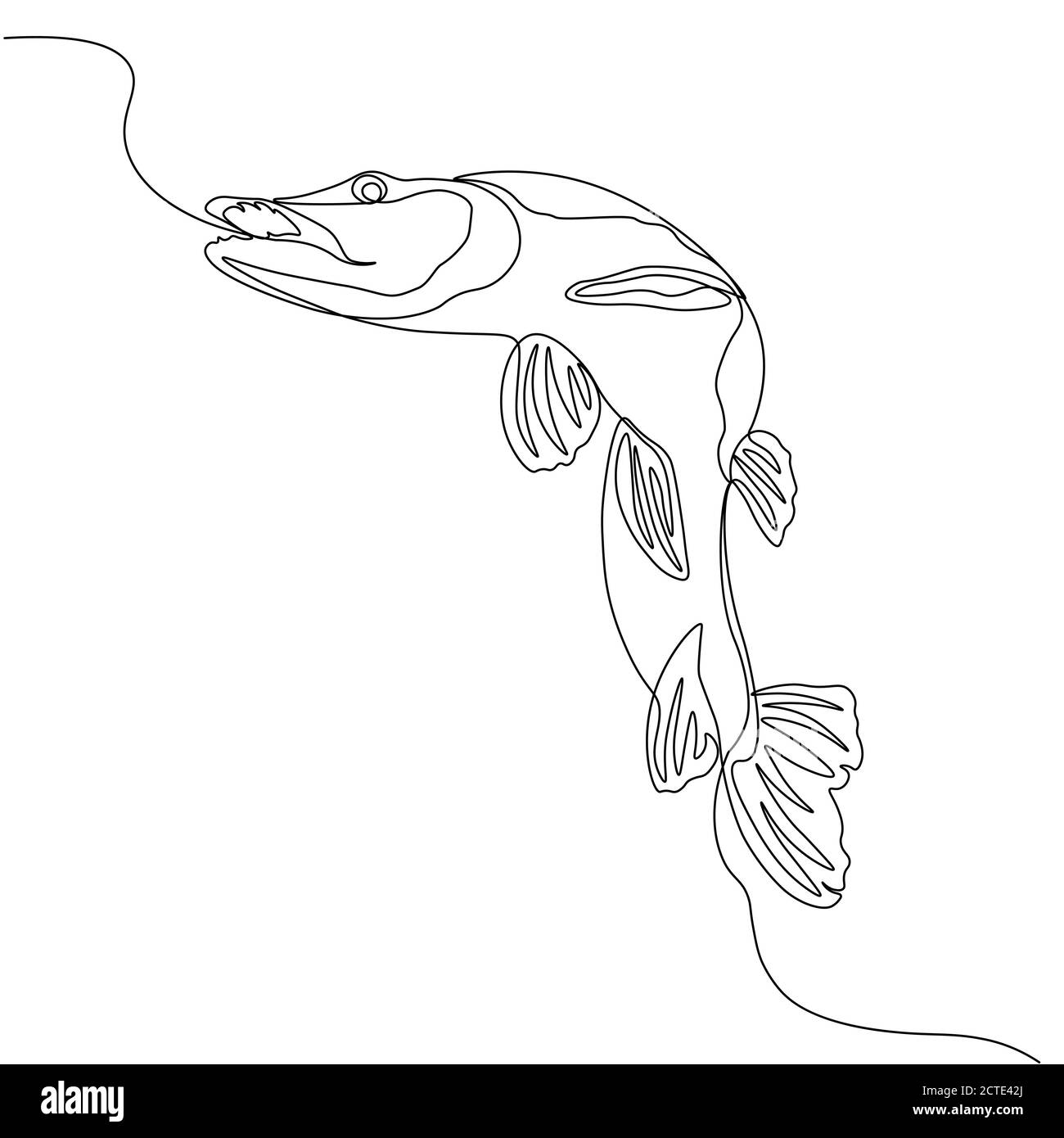 Pike. Silhouette a linea unica con design a base di pesce. Design del logo. Illustrazione vettoriale stile minimalismo disegnata a mano... Illustrazione Vettoriale
