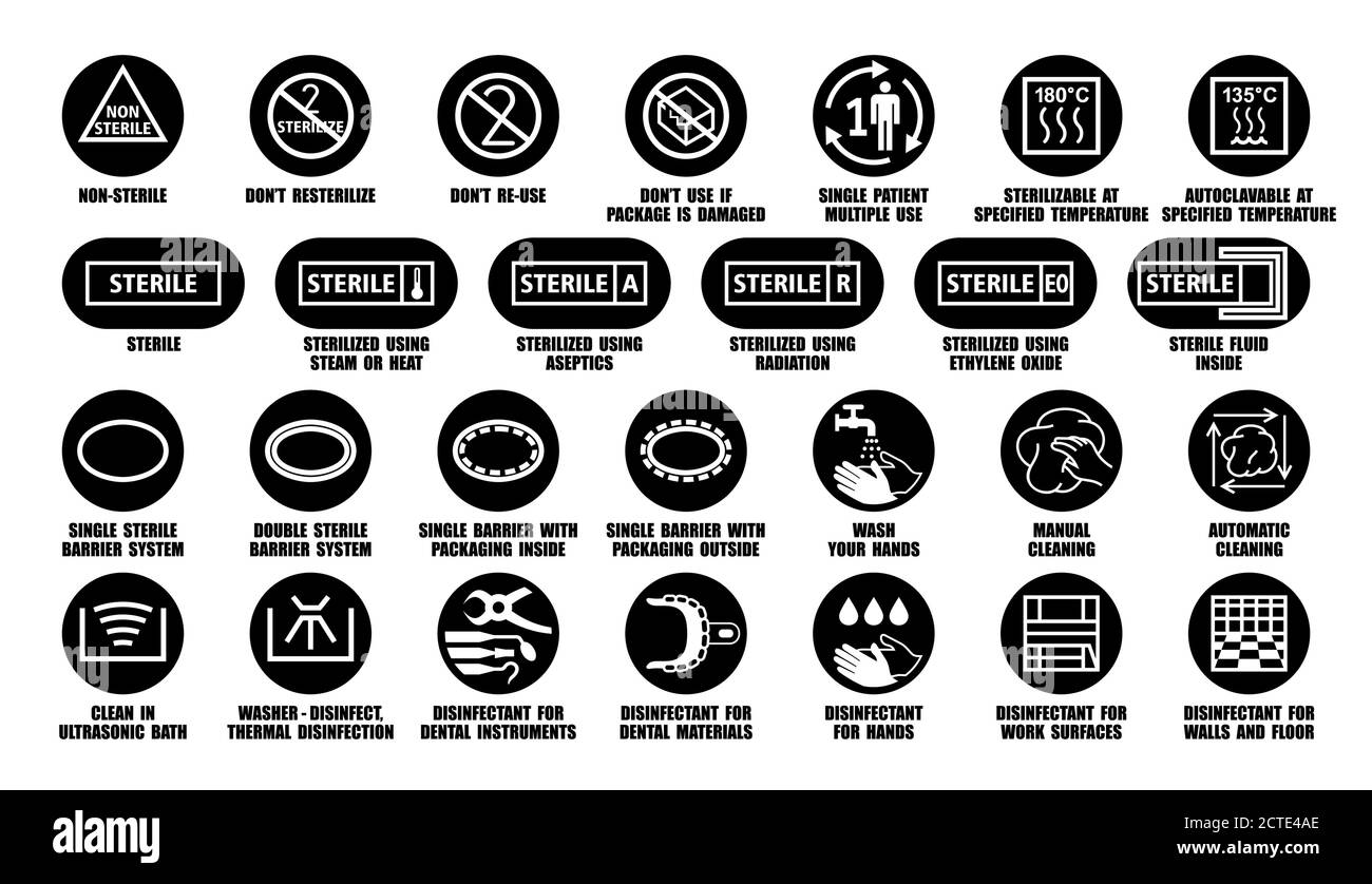 Pacchetto vettoriale completo di simboli disinfettanti per dispositivi medici, apparecchiature, strumenti, materiali. Icone nere sterili e non sterili Illustrazione Vettoriale