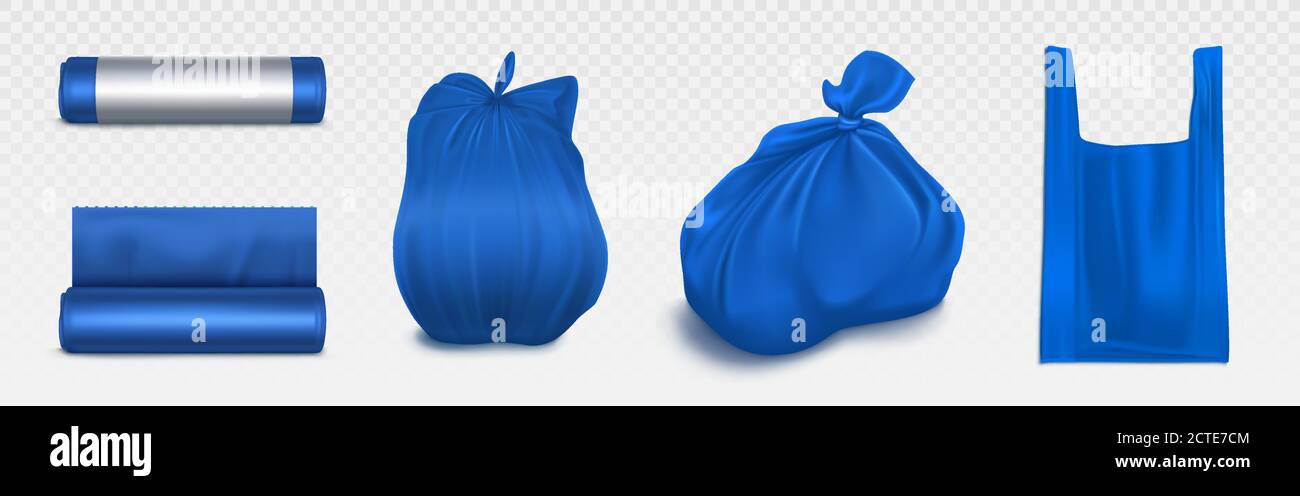 Sacco di spazzatura mockup, rotolo di plastica e sacco pieno di rifiuti. Confezione blu monouso per rifiuti e supermercato mock up. Forniture domestiche per lo smaltimento dei rifiuti, set di illustrazioni vettoriali 3d realistiche e isolate Illustrazione Vettoriale