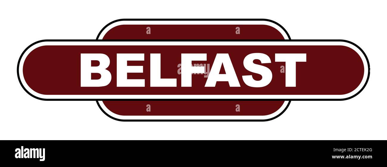 Una targhetta con il nome della stazione DI BELFAST UK su sfondo bianco Illustrazione Vettoriale