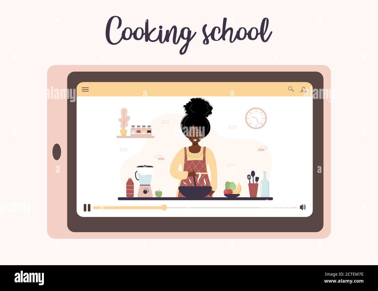 Scuola di cucina. Master class culinario online. Ragazza africana che prepara pasti fatti in casa per pranzo o cena. Lo chef insegna a cucinare. Imparare a casa Illustrazione Vettoriale