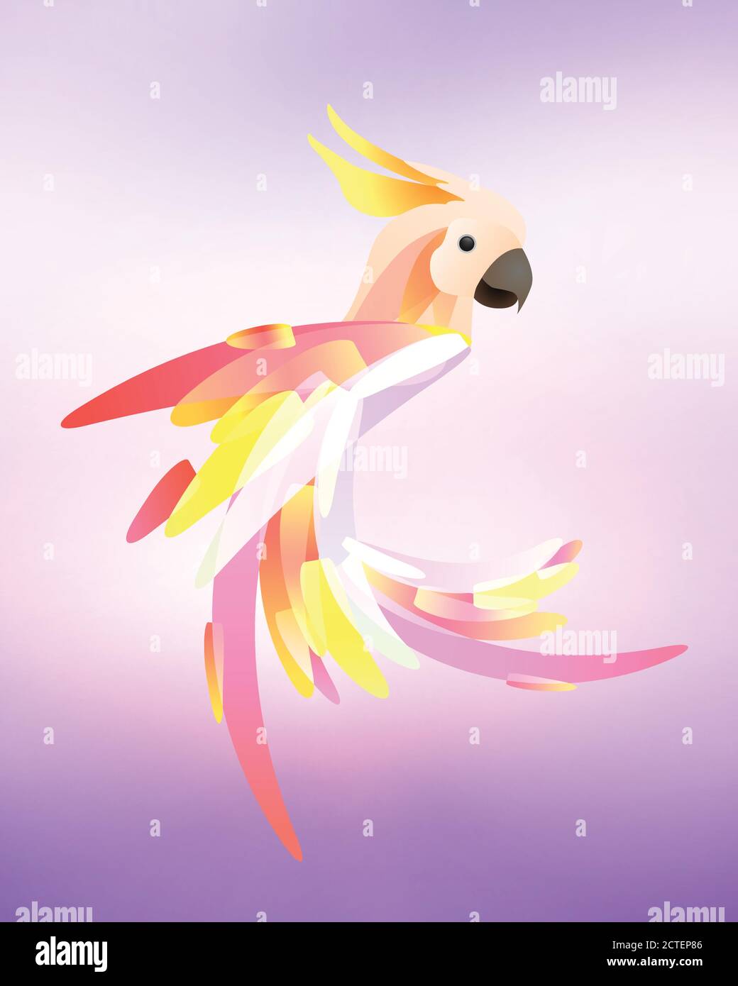 Illustrazione stilizzata di un cockatoo di pappagallo con una coda multicolore su sfondo sfocato. Elemento vettoriale per loghi, icone e il tuo design Illustrazione Vettoriale
