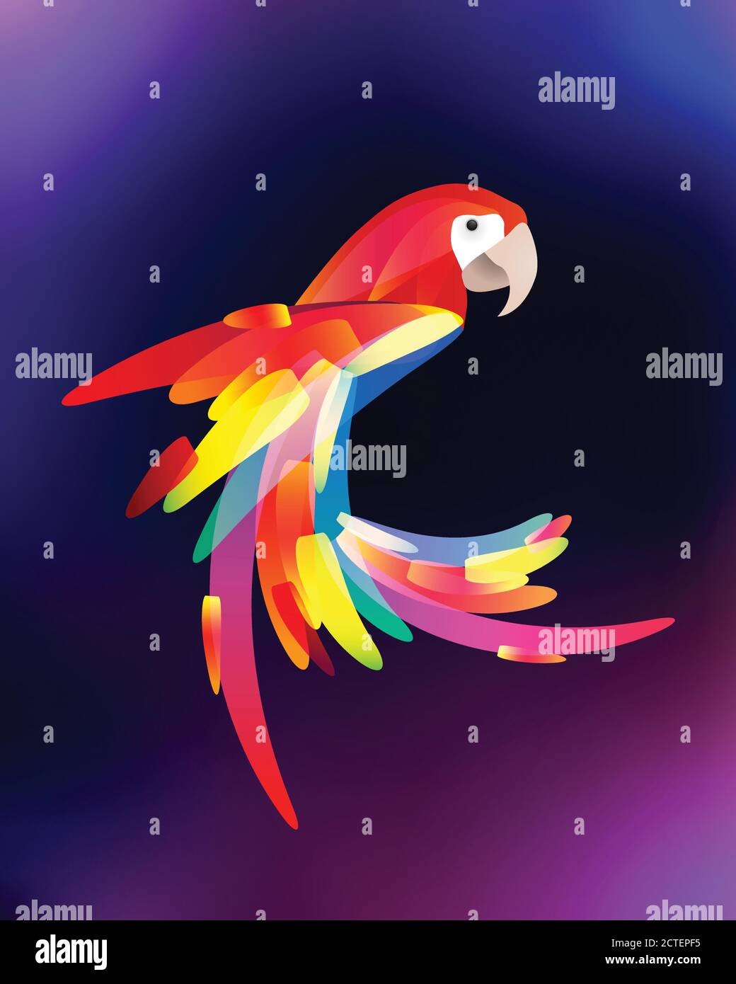 Illustrazione stilizzata di un pappagallo con coda multicolore su sfondo sfocato. . Elemento vettoriale per loghi, poster, cartoline e il tuo design Illustrazione Vettoriale
