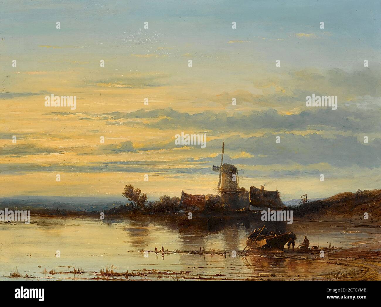 Hilverdink Johannes - pescatori al lavoro un mulino a vento nel Distanza - Scuola Olandese - 19 ° secolo Foto Stock