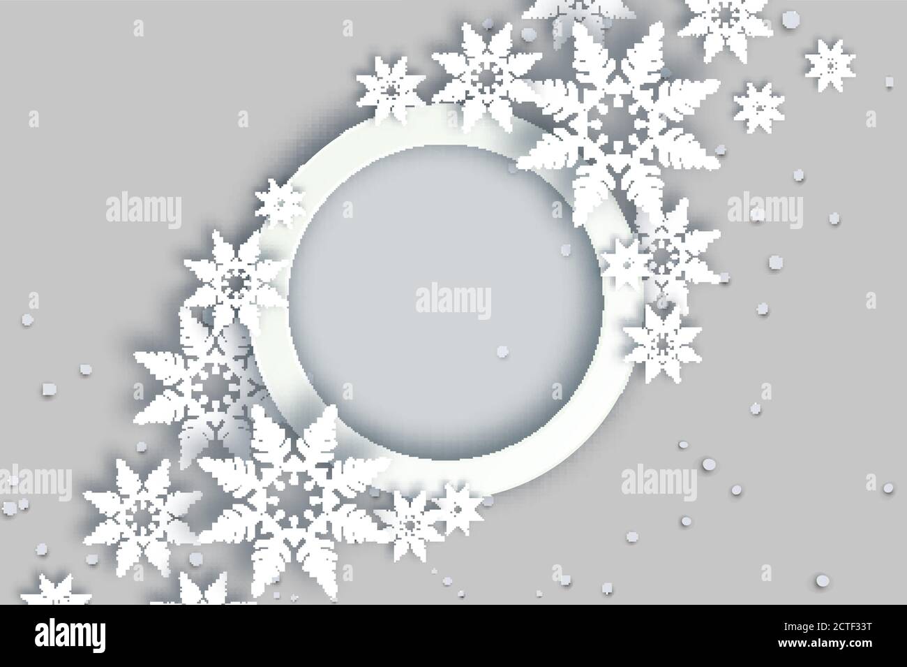 Nevicata. Biglietto di auguri per il buon anno Origami. Buon Natale. White Paper taglia il fiocco di neve. Fiocchi di neve invernali. Cerchio cornice della bolla del parlato. Testo. Hol Illustrazione Vettoriale