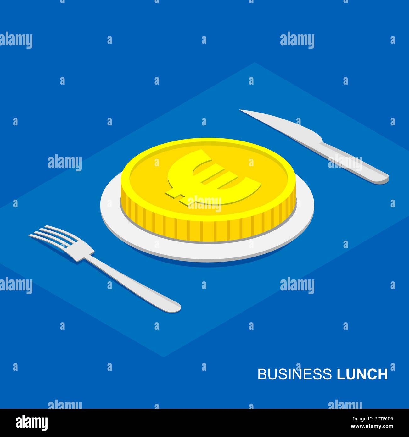 Infografica sul concetto di pranzo di lavoro. Moneta isometrica 3D euro su piastra isolata su sfondo bianco. Forchetta e coltello per posate. Illustrazione Vettoriale