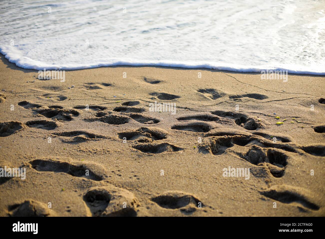 Impronte umane sulla sabbia di una spiaggia durante una tranquilla alba a tarda estate. Foto Stock