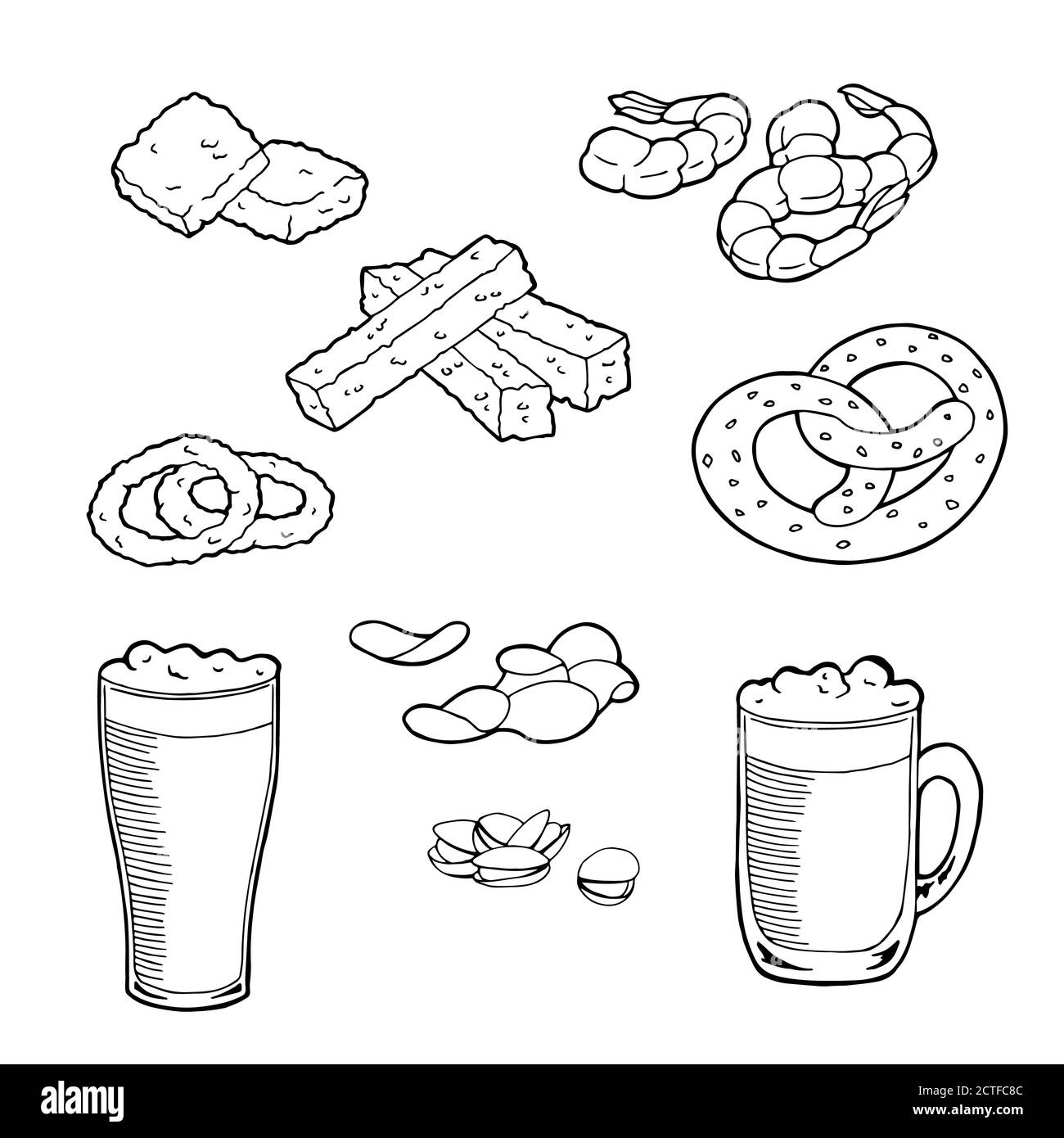 Birra snack grafica art set nero bianco isolato illustrazione vettore Illustrazione Vettoriale