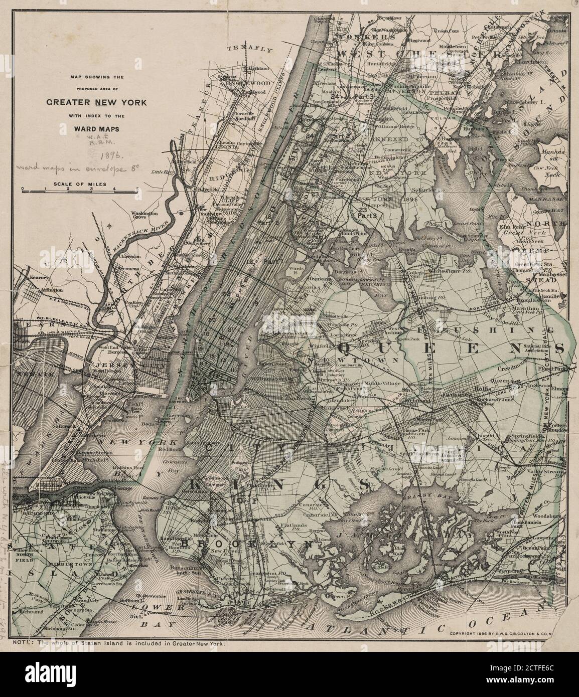 Mappa che mostra l'area proposta di Greater New York, con indice delle mappe di Ward., cartografia, Mappe, 1896 Foto Stock
