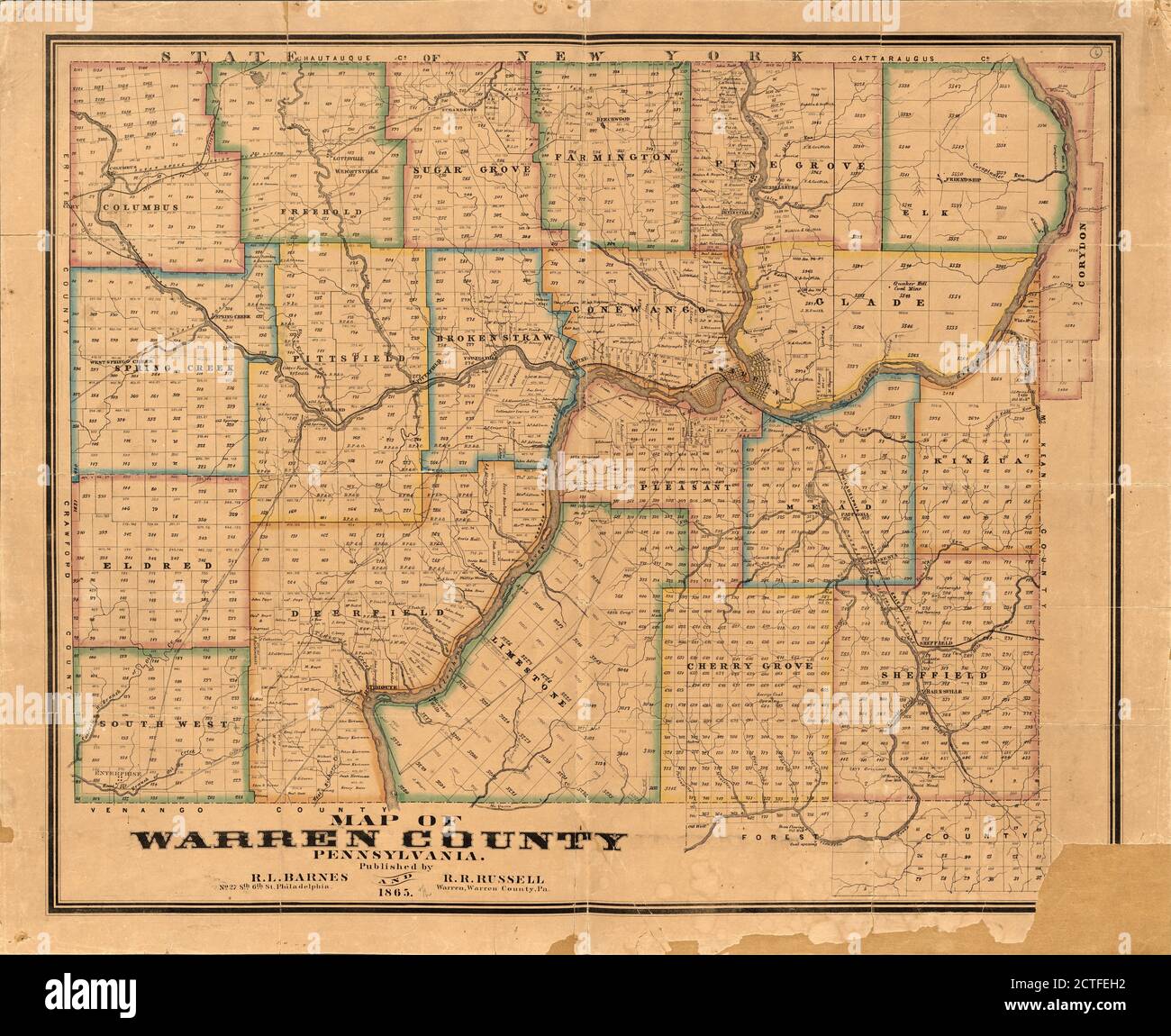 Mappa di Warren County, Pennsylvania, cartografia, Mappe, 1865, Barnes, Rufus L Foto Stock