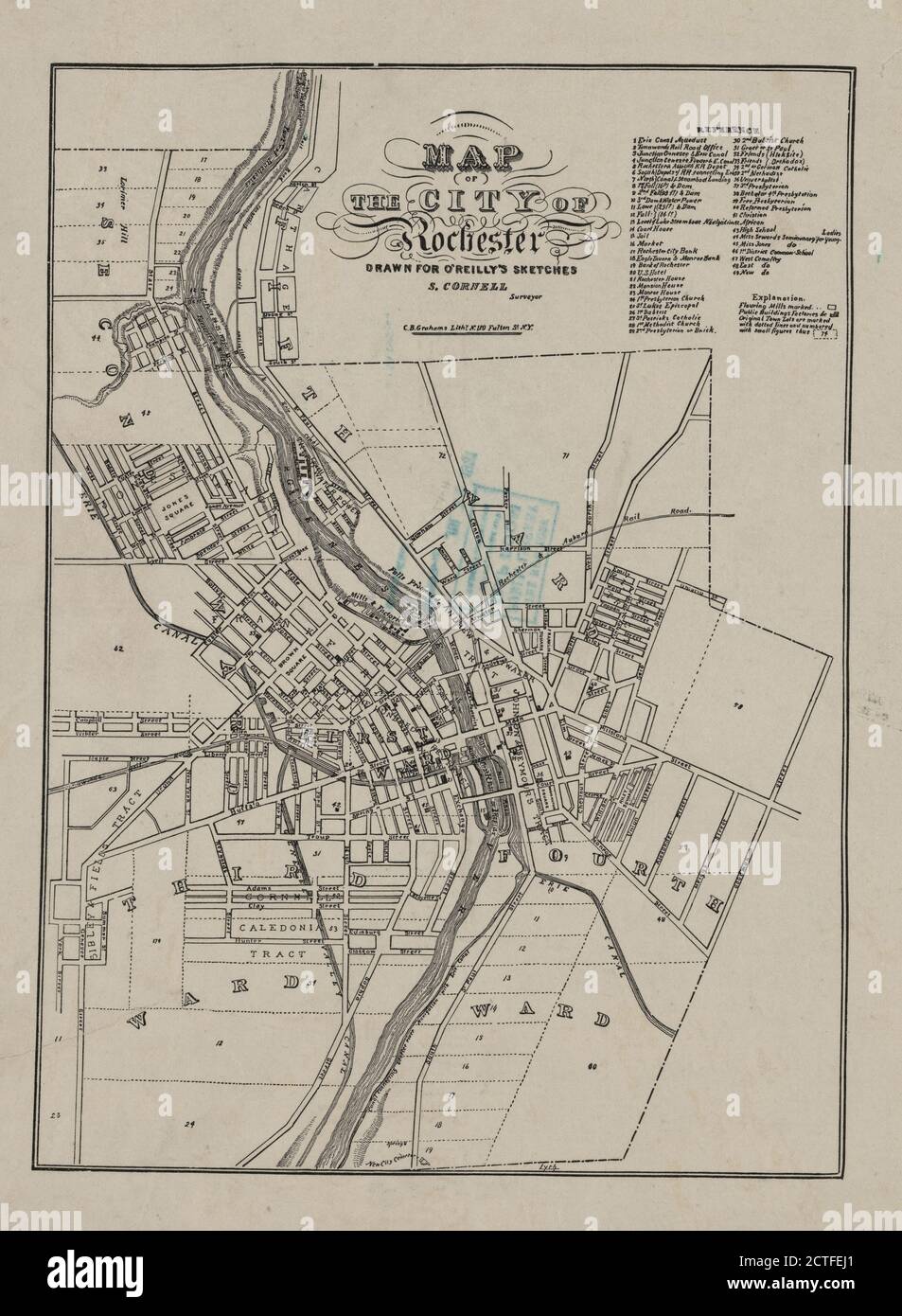 Mappa della città di Rochester, cartografia, Mappe, 1838, Cornell, Silas, 1788 o 1789-1864, o'Reilly, Henry, 1806-1886, C.B. Lith di Graham Foto Stock