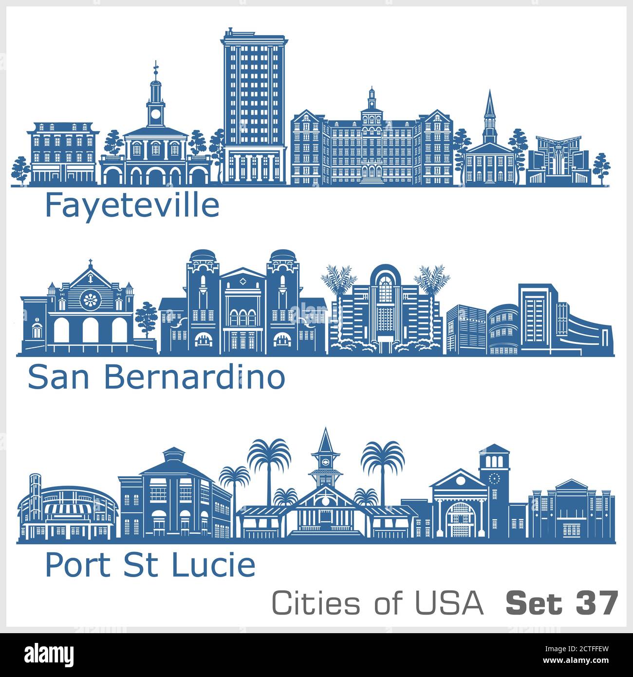 Città degli Stati Uniti - San Bernardino, Fayetville, Port St. Lucie. Architettura dettagliata. Illustrazione vettoriale alla moda. Illustrazione Vettoriale