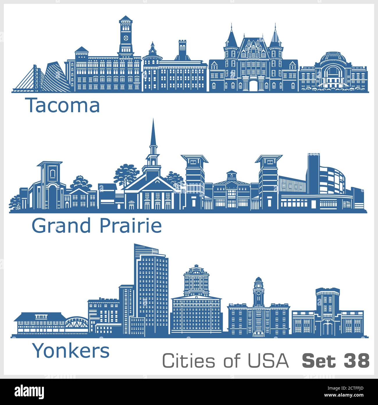 Città degli Stati Uniti - Yonkers, Grand Prairie, Tacoma. Architettura dettagliata. Illustrazione vettoriale alla moda. Illustrazione Vettoriale