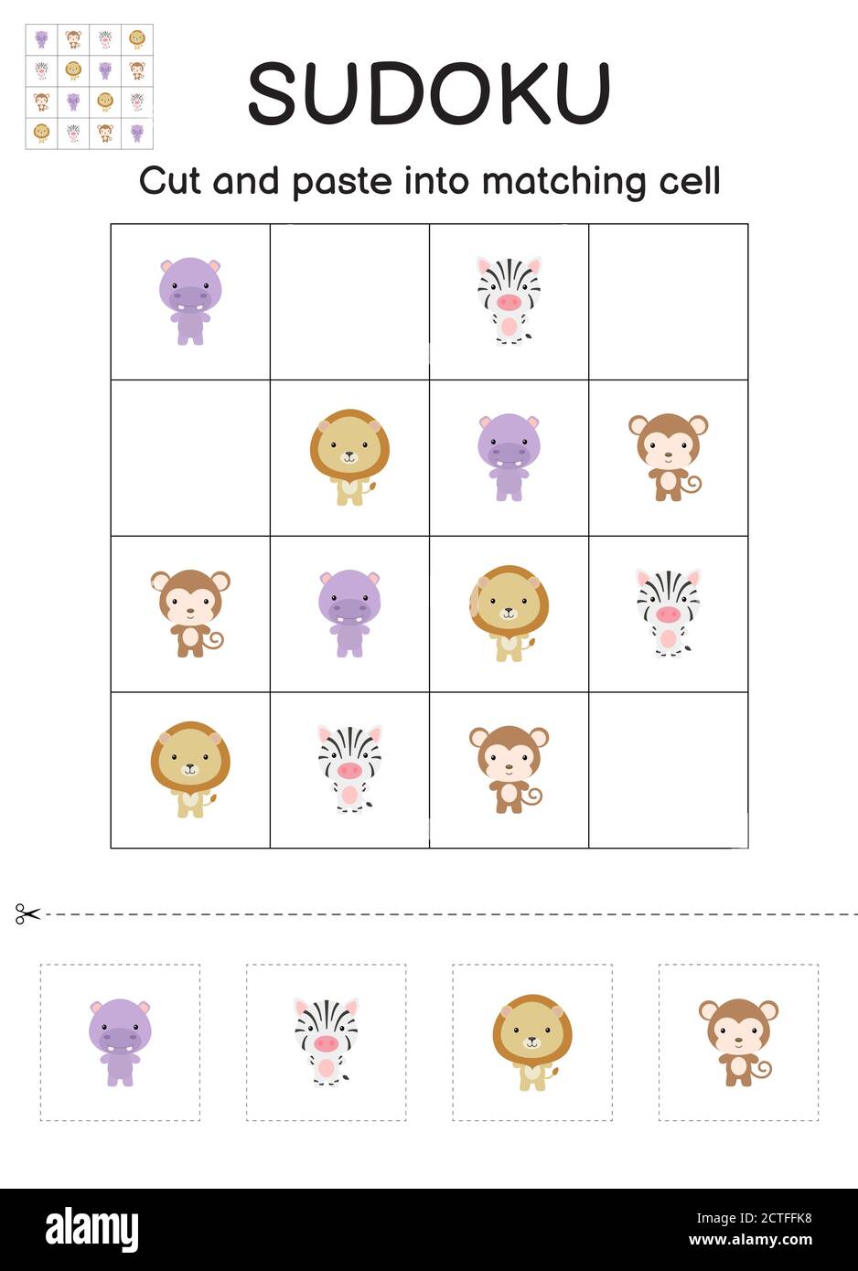 Gioco Sudoku per bambini con immagini. Foglio attività bambini. Gioco di corrispondenza per i bambini con carini animali africani. Foglio di lavoro per lo sviluppo dell'istruzione. Registro Illustrazione Vettoriale