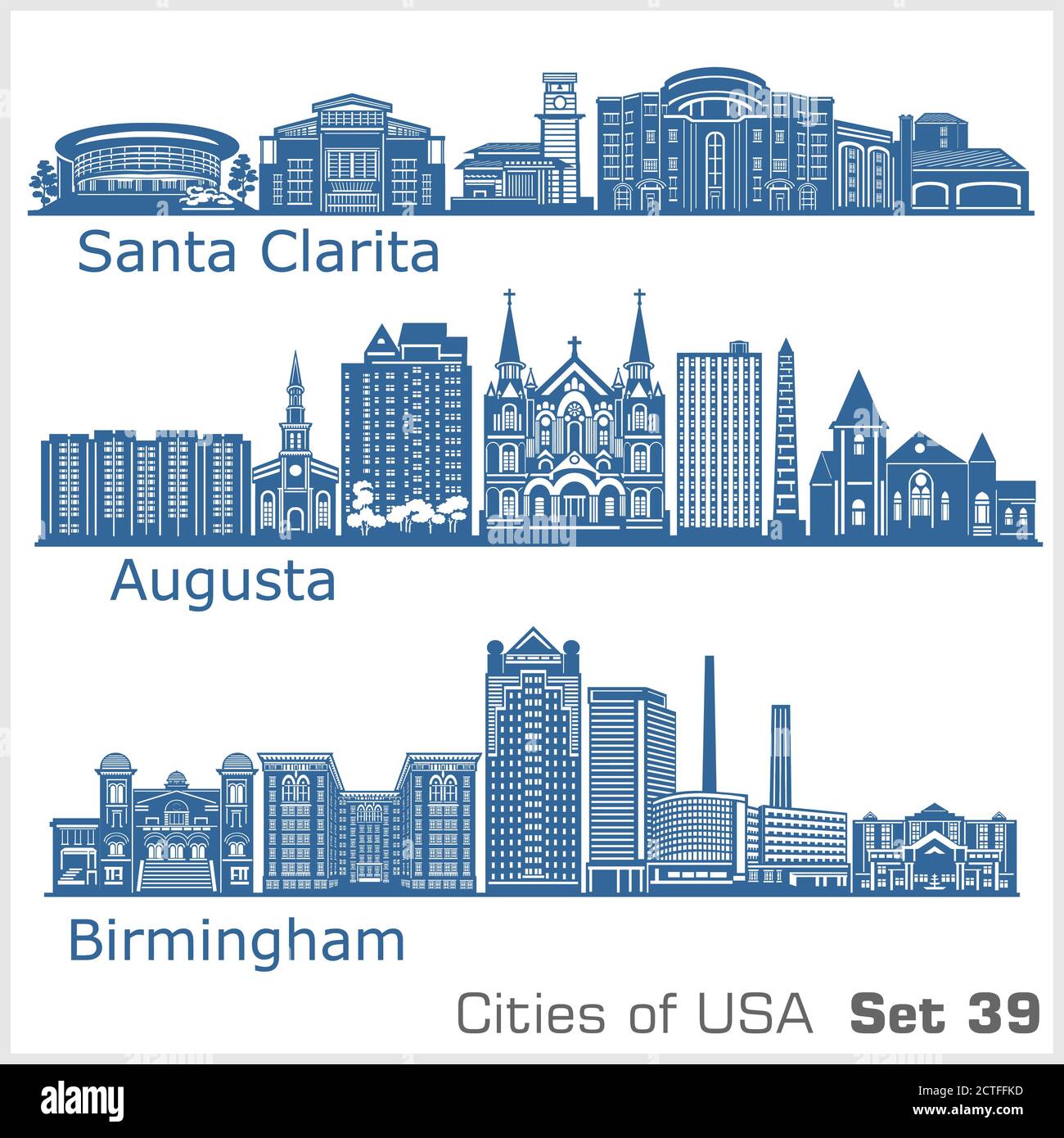 Città degli Stati Uniti - Birmingham, Santa Clarita, Augusta. Architettura dettagliata. Illustrazione vettoriale alla moda. Illustrazione Vettoriale