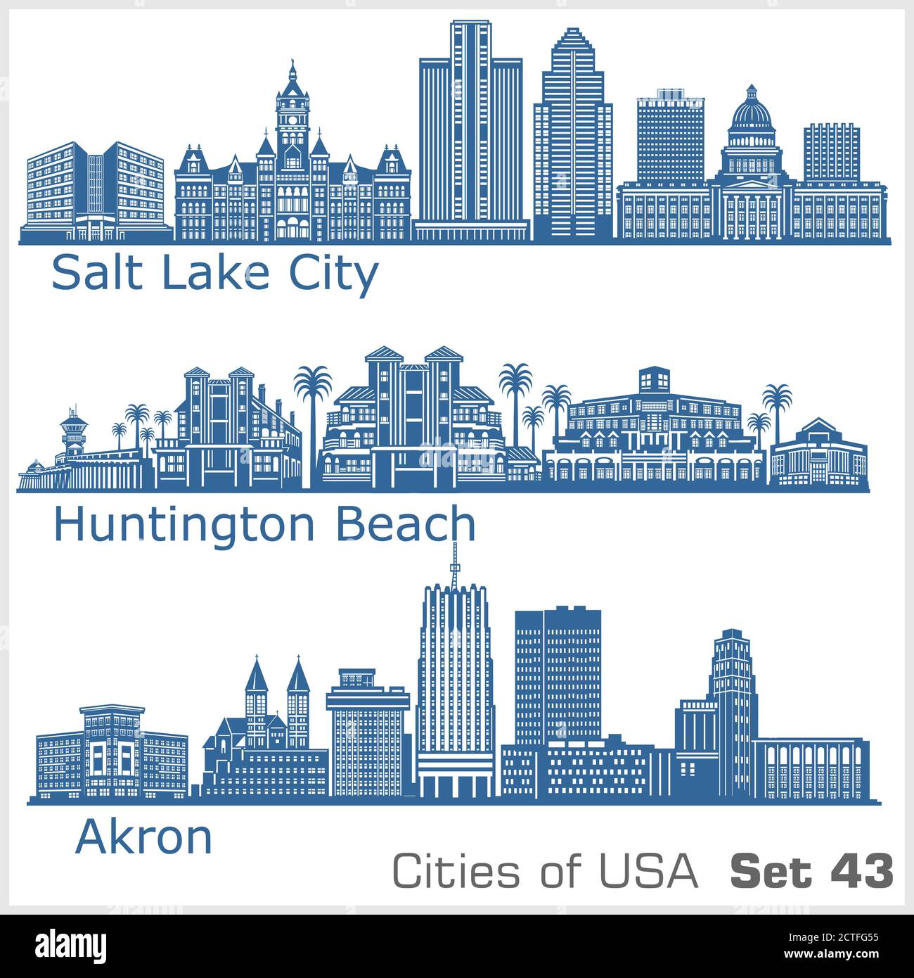 Città degli Stati Uniti - Huntington Beach, Salt Lake City, Akron. Architettura dettagliata. Illustrazione vettoriale alla moda. Illustrazione Vettoriale