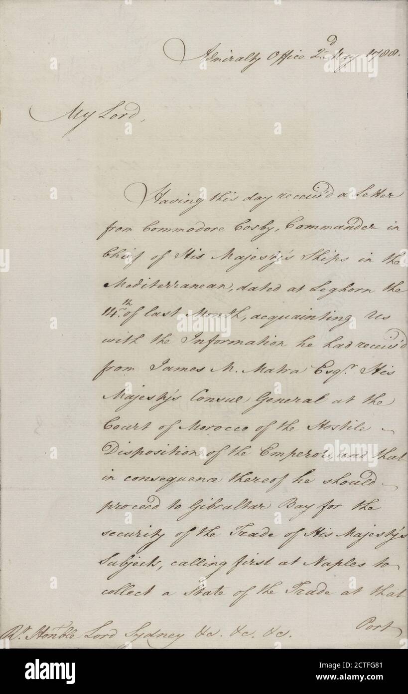 Lettera a Thomas Towns-Hend Lord Sydney, testo, documenti, 1788, Gran Bretagna. Ammiragliato, Consiglio di Amministrazione di Foto Stock
