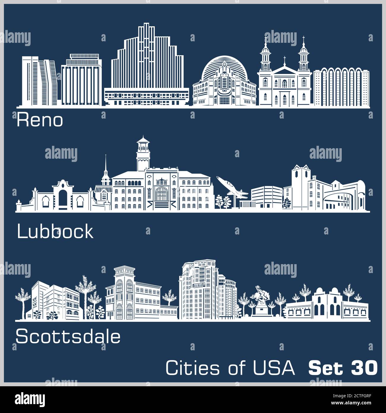 Città degli Stati Uniti - Reno, Lubbock, Scottsdale. Architettura dettagliata. Illustrazione vettoriale alla moda. Illustrazione Vettoriale