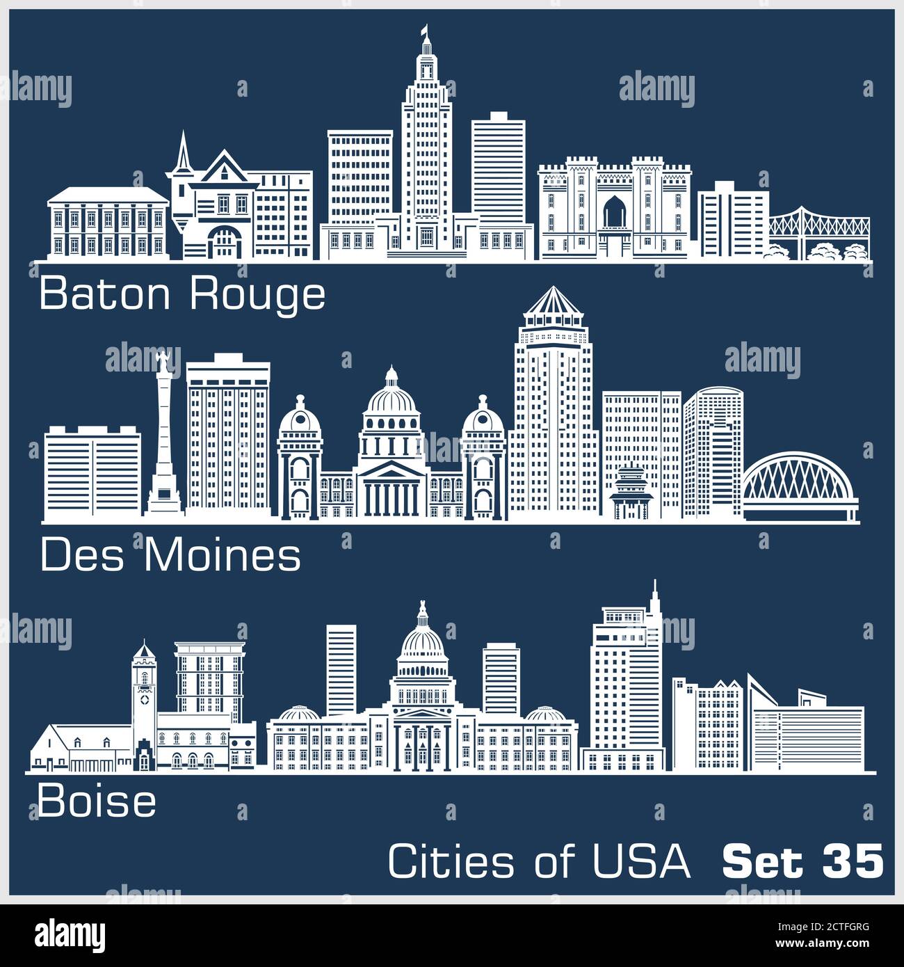 Città degli Stati Uniti - Baton Rouge, Des Moines, Boise. Architettura dettagliata. Illustrazione vettoriale alla moda. Illustrazione Vettoriale