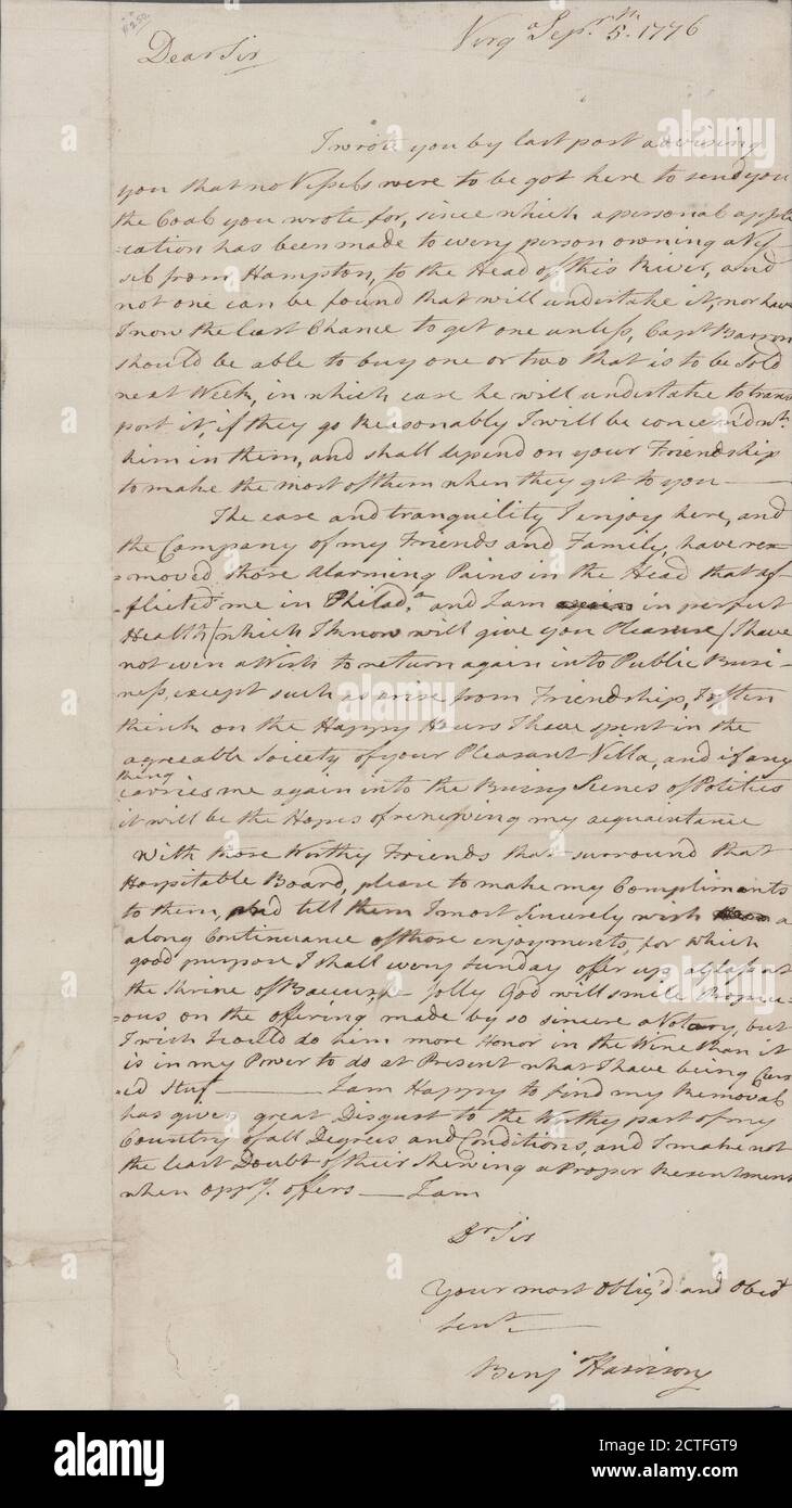 Lettera a Robert Morris, Philadelphia, testo, documenti, 1776, Harrison, Benjamin, ca. 1726-1791 Foto Stock
