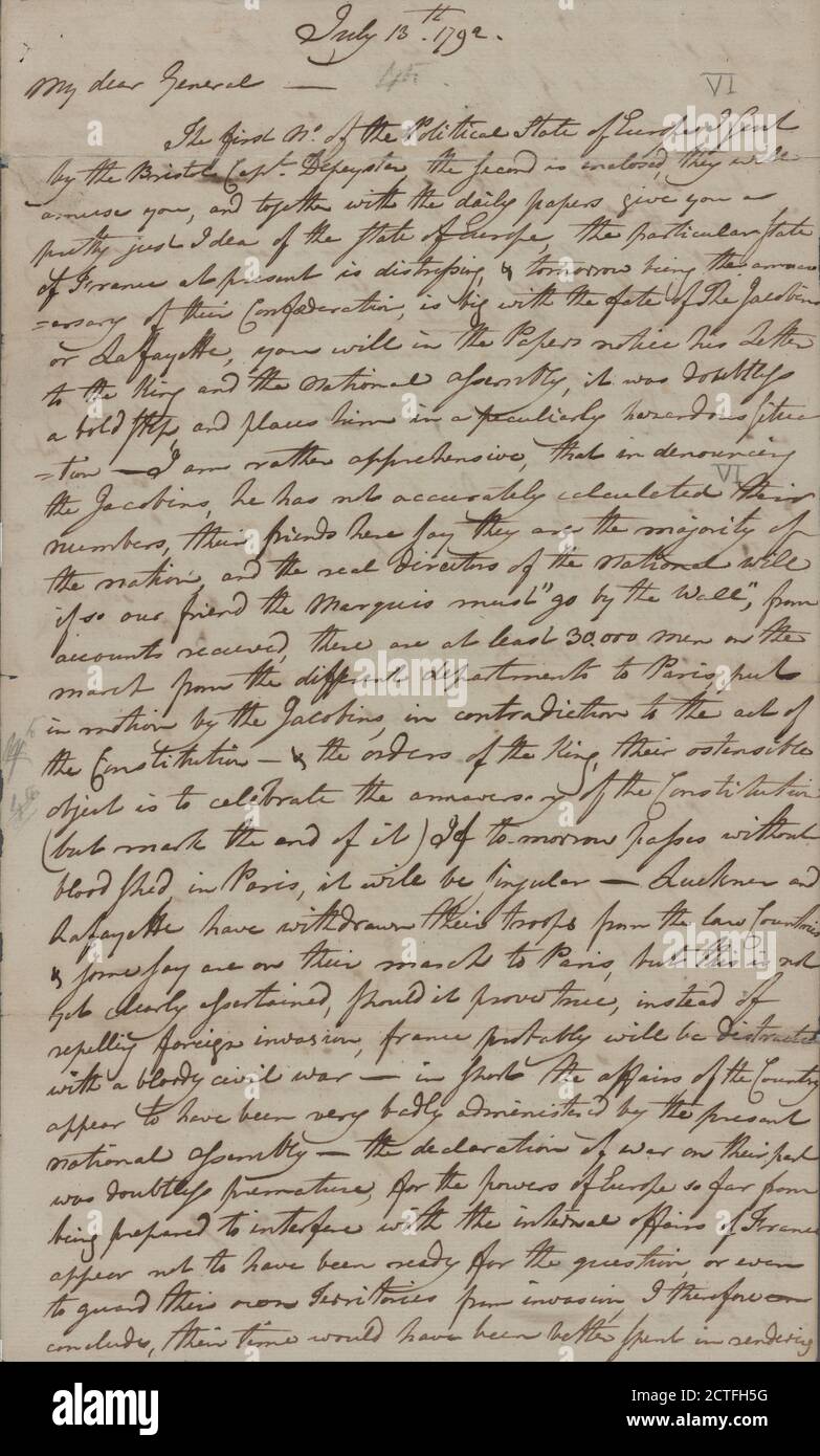 Lettera a Horatio Gates Traveller's Rest, Berkeley Co., Va., testo, documenti, 1792, Smith, William Stephens Foto Stock