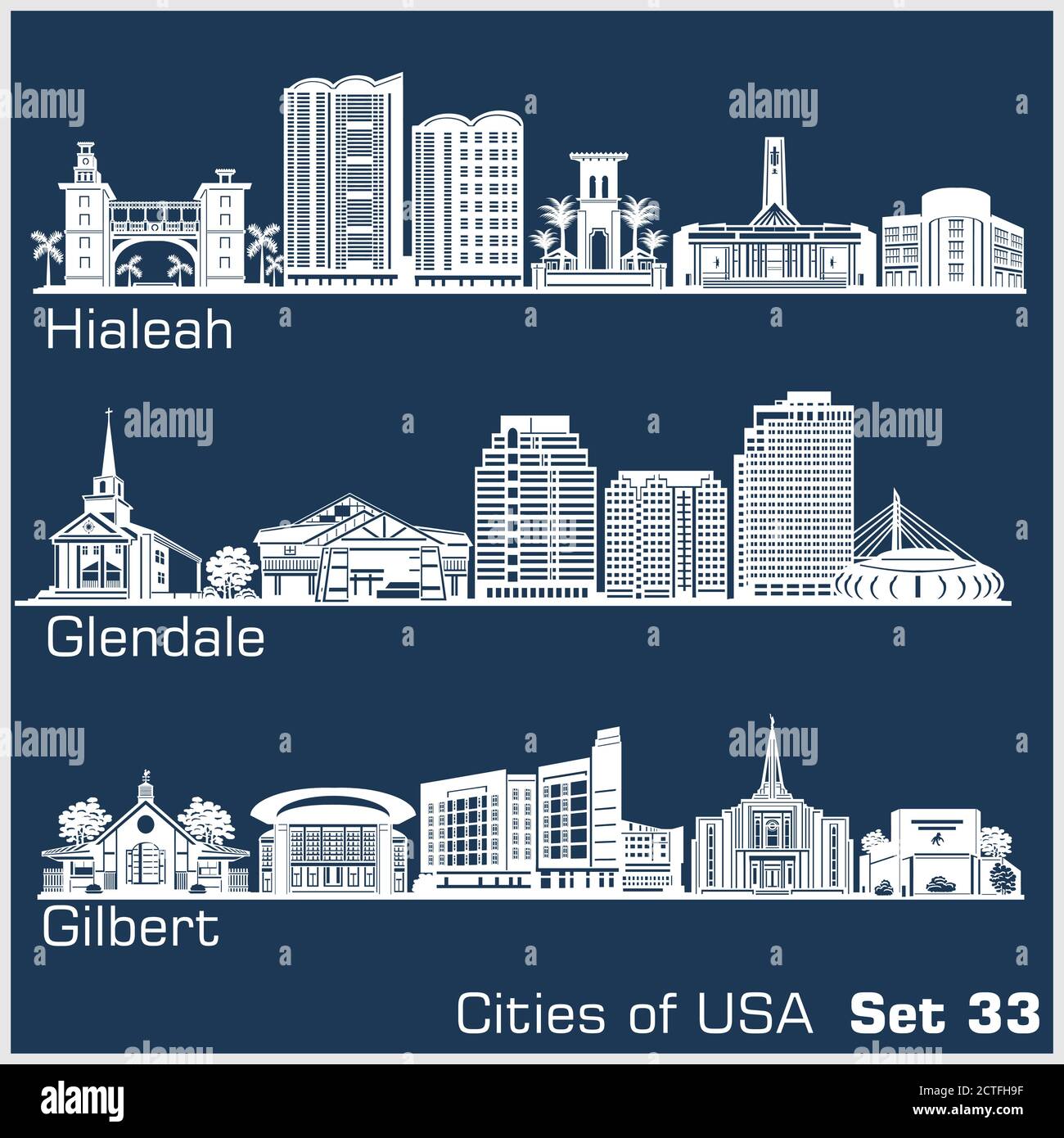 Città degli Stati Uniti - Hialeah, Glendale, Gilbert. Architettura dettagliata. Illustrazione vettoriale alla moda. Illustrazione Vettoriale