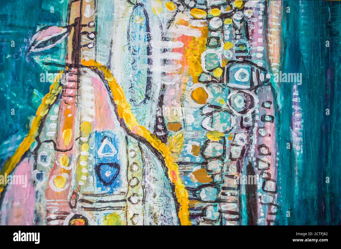 Disegnata a mano di pittura acrilica. L'arte astratta sfondo. Pittura Acrilica su tela di canapa. Colore e struttura. Frammento di opere d'arte. Pennellate di vernice. Ar moderno Foto Stock