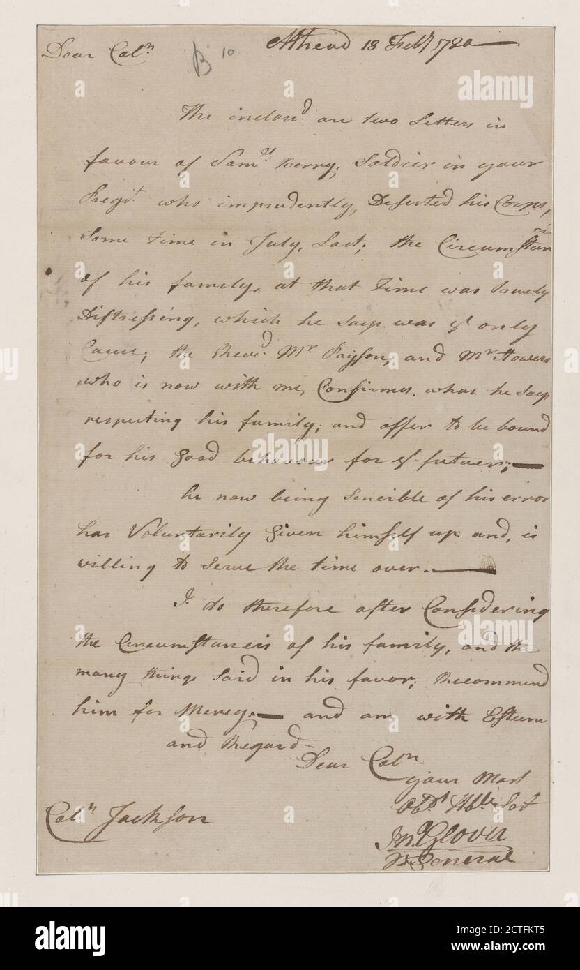 Lettera al col. Henry Jackson, testo, documenti, 1780, Glover, John Foto Stock