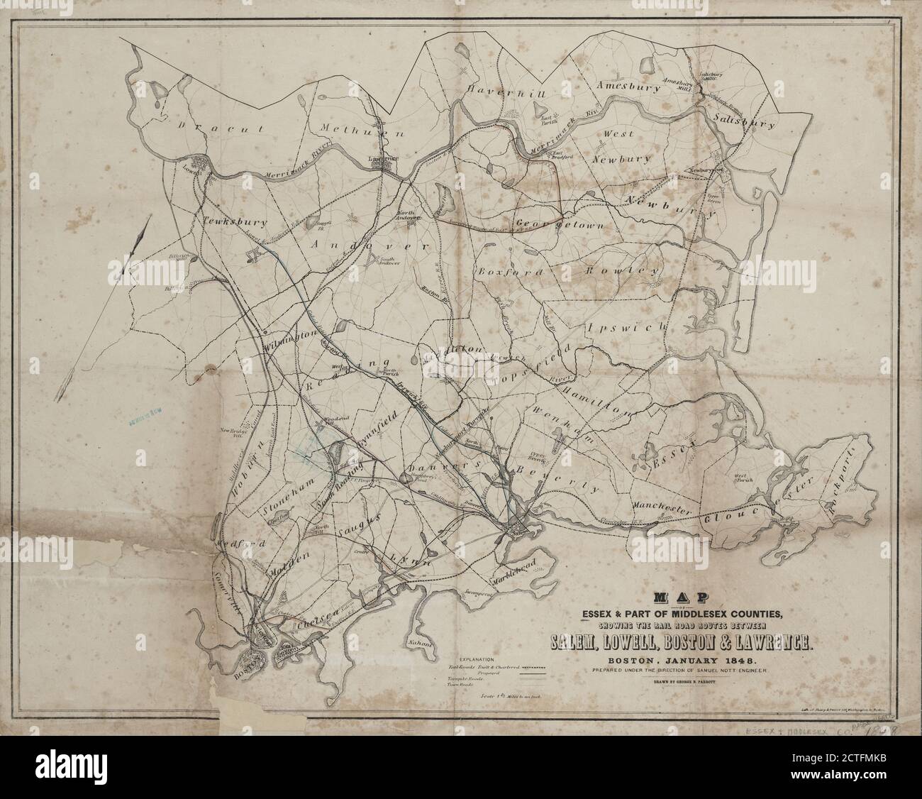 Mappa di Essex & parte delle contee Middlesex, che mostra le linee ferroviarie tra Salem, Lowell, Boston & Lawrence, cartografia, Mappe, 1848, Sharp & Peirce Foto Stock