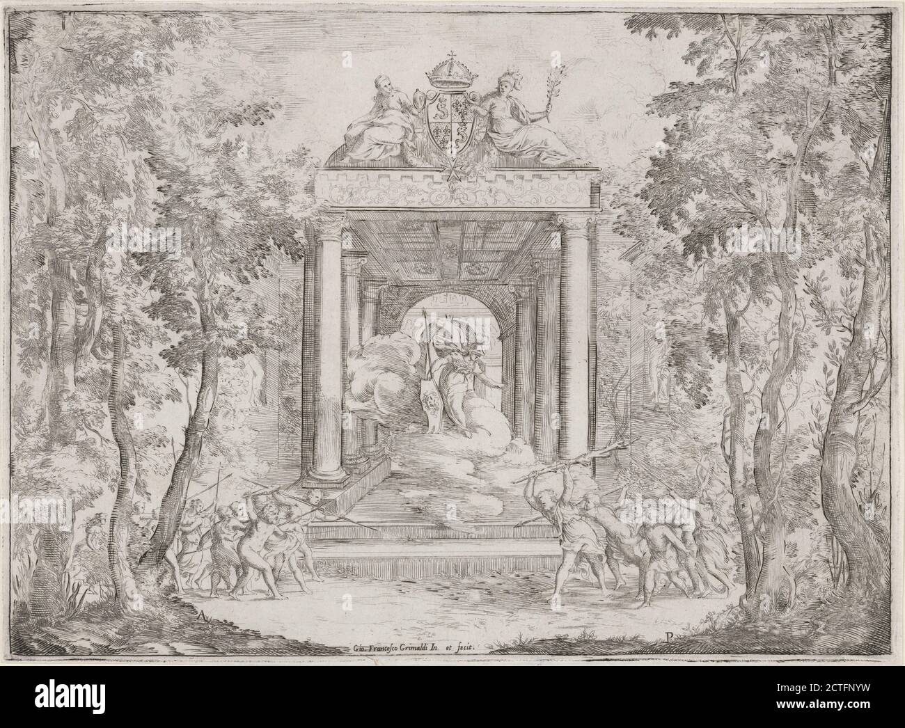 Edificio classico e figure. Una decorazione teatrale, immagine fissa, stampe, 1606 - 1680, Grimaldi, Giovanni Francesco, 1606-1680 Foto Stock