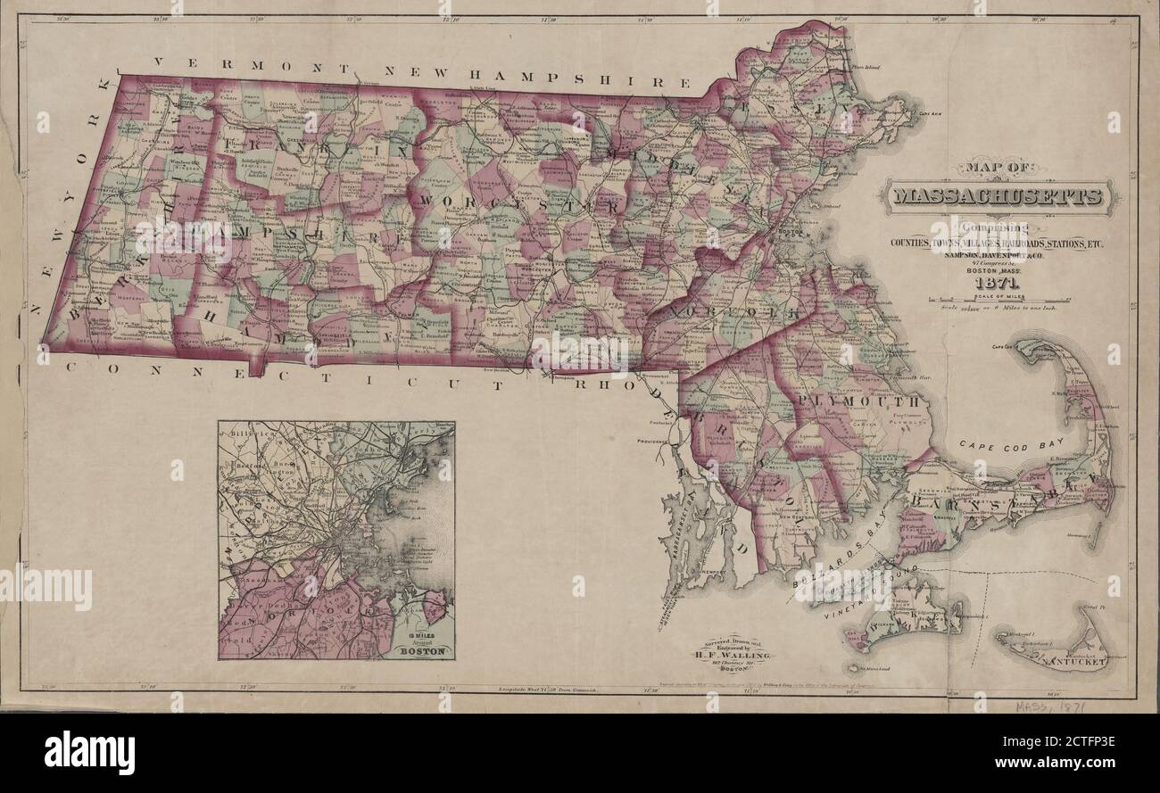 Mappa del Massachusetts, cartografia, Mappe, 1871, Walling, Henry Francis, 1825-1888 Foto Stock