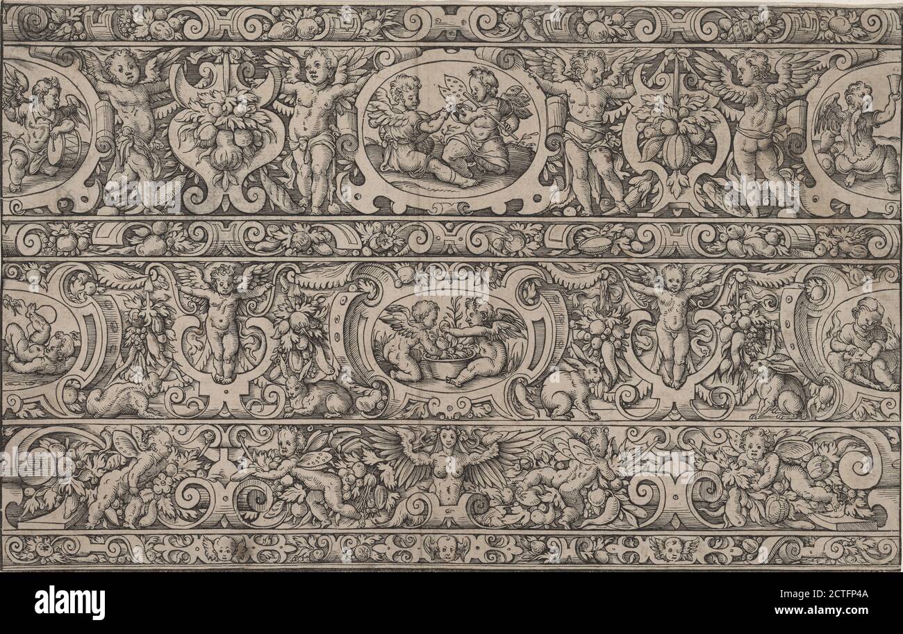 Ornamento con cherubini, lepri e frutta, immagine fissa, stampe, 1501 - 1600, Anonimo Foto Stock