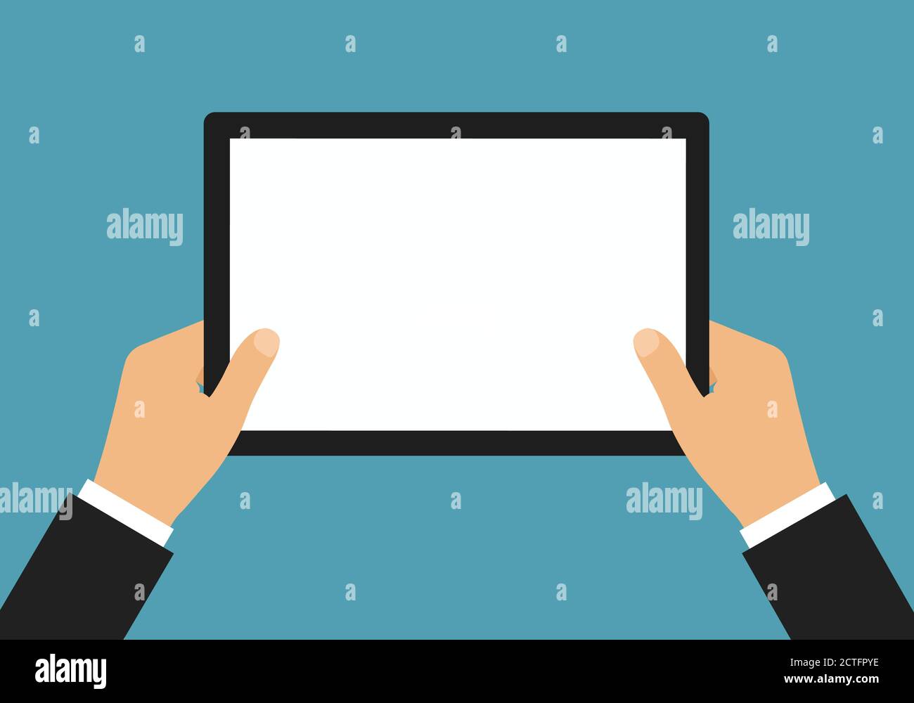 Illustrazione dal design piatto delle mani del manager in un tablet che tiene la tuta con schermo a sfioramento bianco vuoto e spazio per il testo - vettore Illustrazione Vettoriale