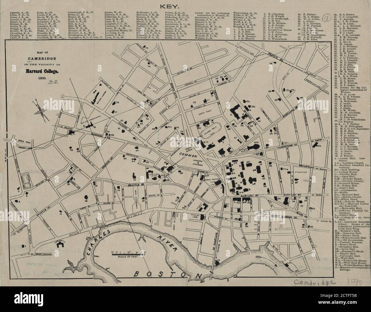 Mappa di Cambridge nelle vicinanze di Harvard College, cartografia, Mappe, 1890 Foto Stock