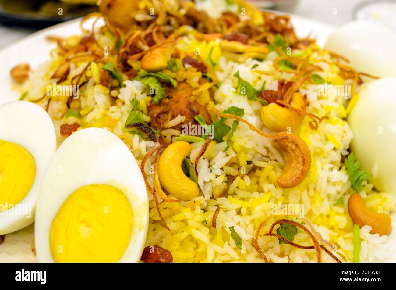 Closeup di biryani di pollo piatto con uova tagliate in in primo piano con cipolle fritte e noci di anacardi spalmata Foto Stock