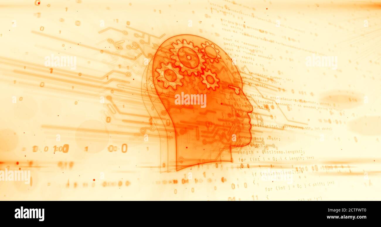 Intelligenza artificiale, cervello cibernetico, cyborg e concetto di apprendimento automatico. Illustrazione del rendering 3d astratto futuristico. Foto Stock