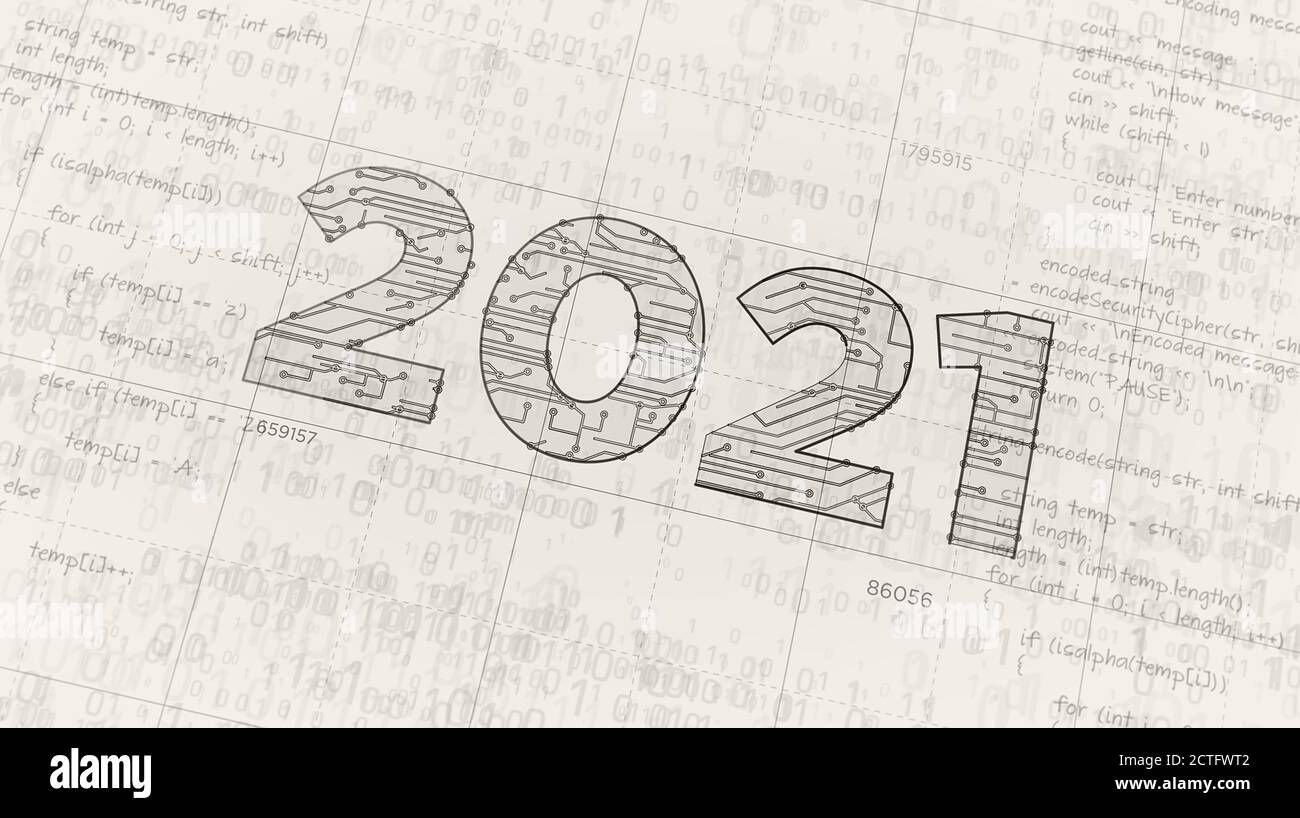 creazione di un progetto con un numero di 2021 anni. Illustrazione 3d del concetto astratto. Disegno di una linea di schema digitale. Foto Stock