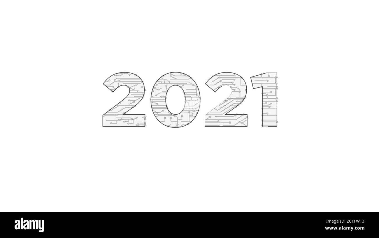 creazione di un progetto con un numero di 2021 anni. Illustrazione 3d del concetto astratto. Disegno di una linea di schema digitale. Foto Stock