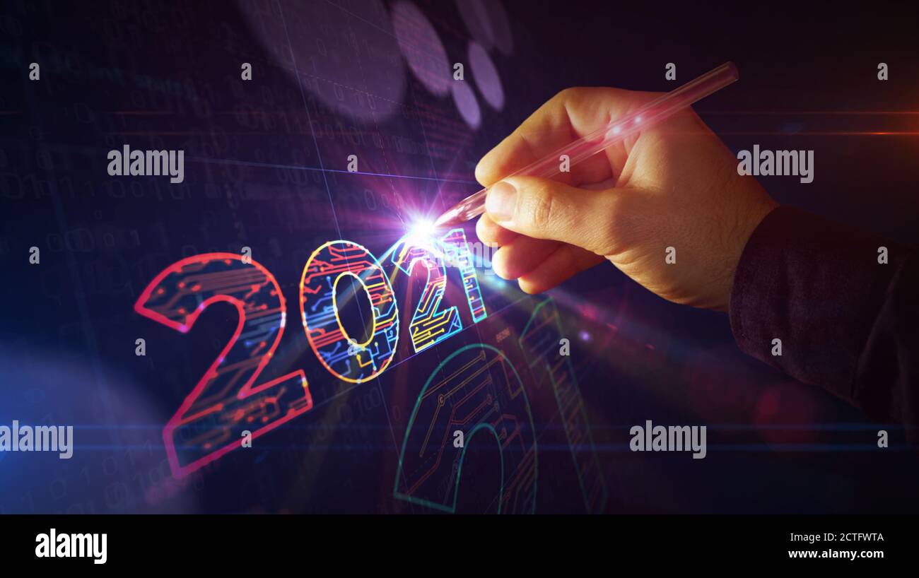 creazione di un progetto con un numero di 2021 anni. Illustrazione 3d del concetto astratto. Disegno di una linea di schema digitale. Foto Stock
