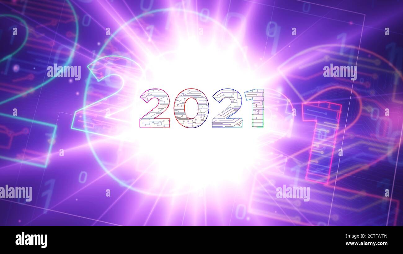 creazione di un progetto con un numero di 2021 anni. Illustrazione 3d del concetto astratto. Disegno di una linea di schema digitale. Foto Stock