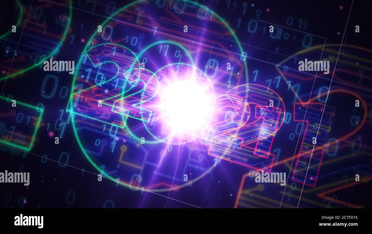 creazione di un progetto con un numero di 2021 anni. Illustrazione 3d del concetto astratto. Disegno di una linea di schema digitale. Foto Stock