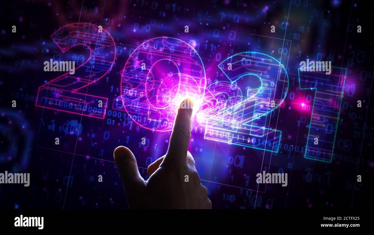 creazione di un progetto con un numero di 2021 anni. Illustrazione 3d del concetto astratto. Disegno di una linea di schema digitale. Foto Stock